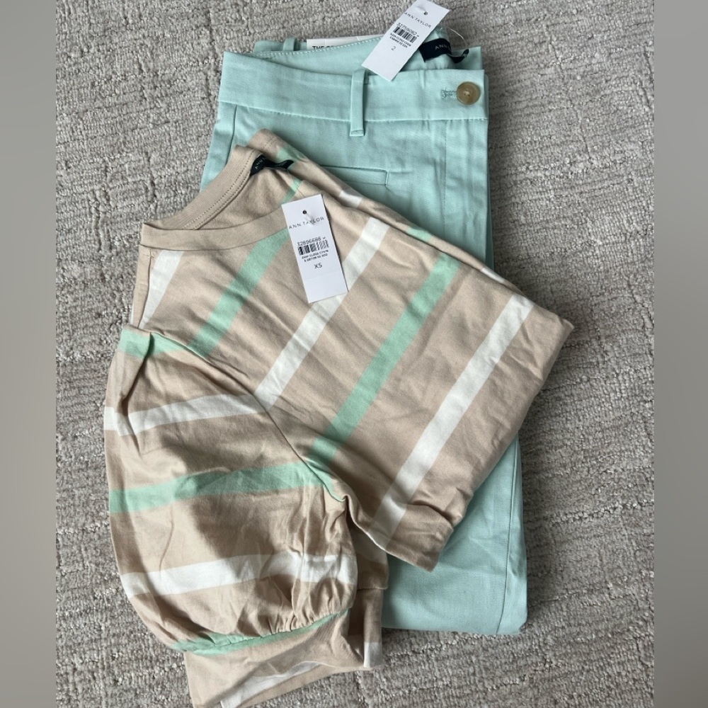 Ann Taylor Striped Beige and Light Blue Top with Light Blue Pants